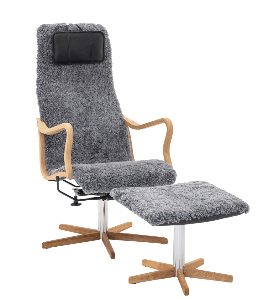 CHIC Fåtölj inklusive pall Fårskinn Skandilock Scandinavian Grey. Med gungfunktion.