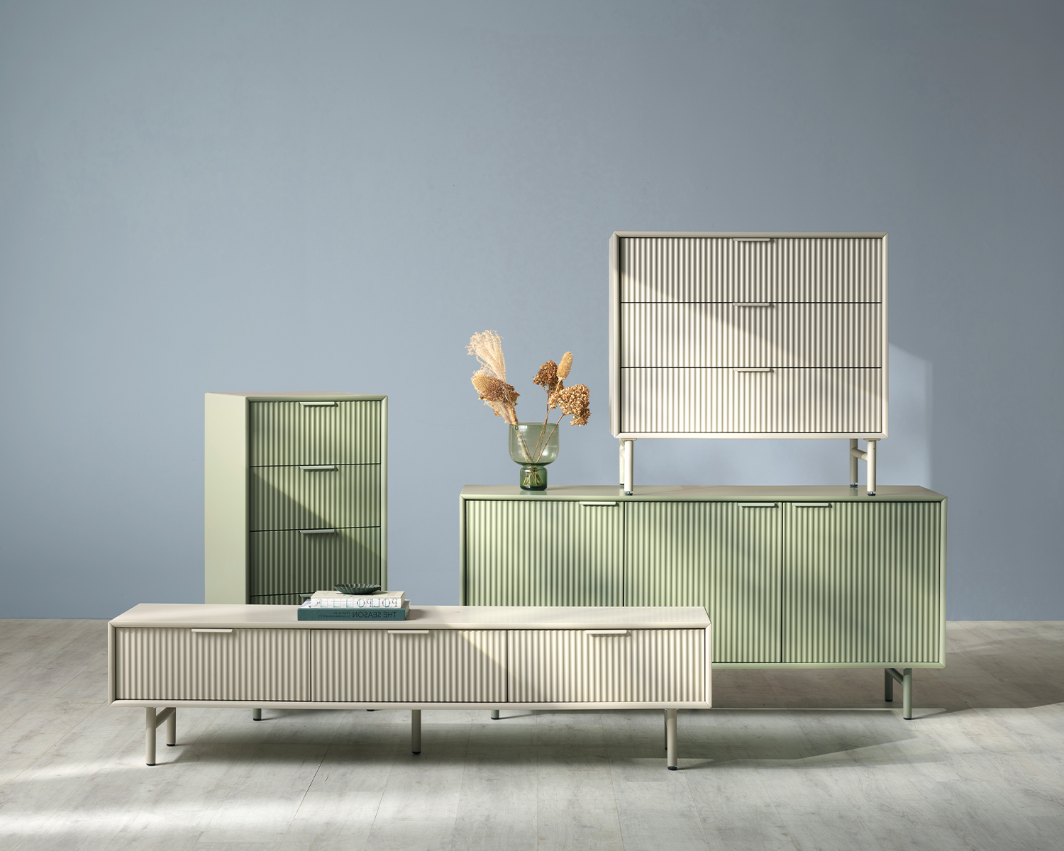 Förvaring i grön och beige