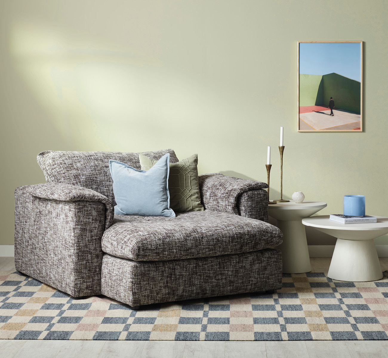 Schäslong i blågrönt tyg