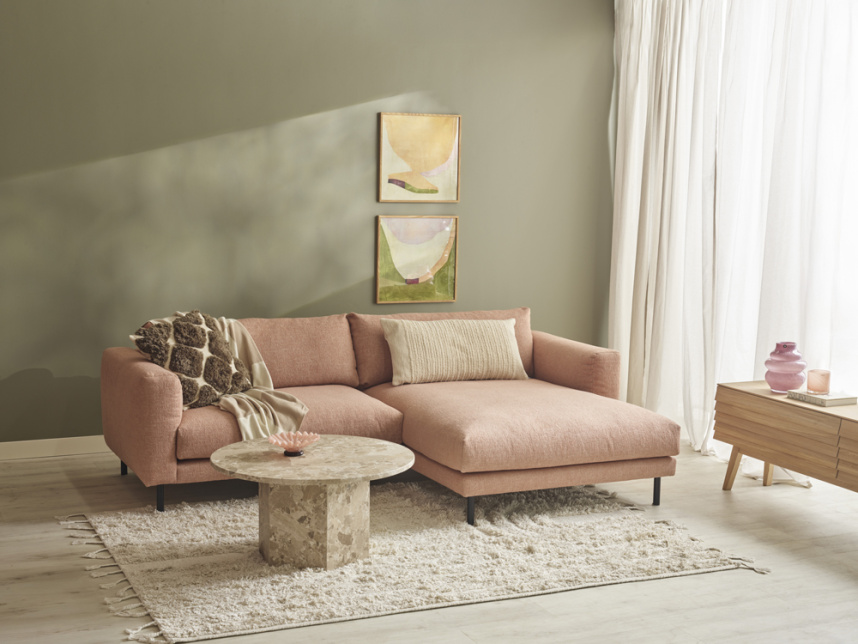 BILLIE Soffa med divan Tyg Spicy Dusty Pink. Höger. Fast klädsel.