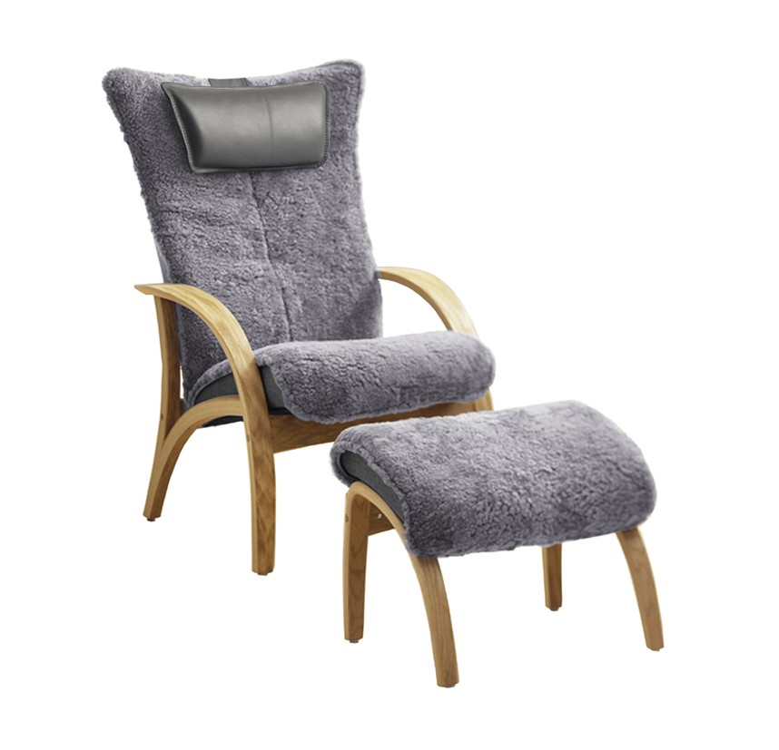 DELTA ADVENTURE ORGINAL Fåtölj inklusive pall Fårskinn Scandinavian Grey. Oljad ek