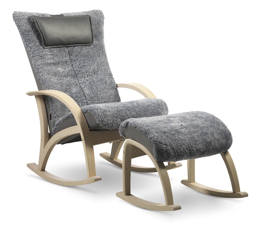 DELTA COMFORT ORGINAL Fåtölj inklusive pall Fårskinn Scandinavian Grey, vitoljad ek