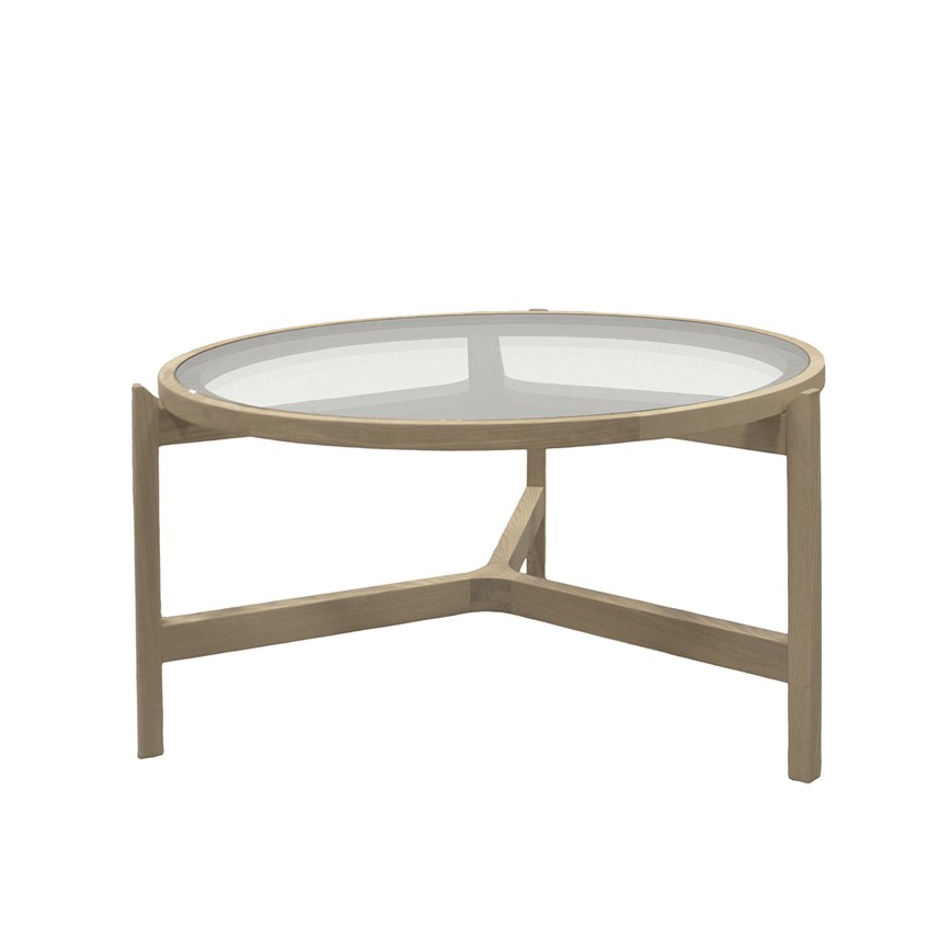 OPTIC Soffbord Massiv ek Vitoljad. Glasskiva. Ø88 x H48 cm.
