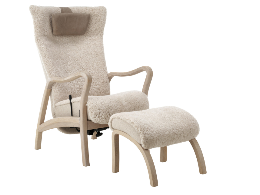 ARCUS Fåtölj inklusive pall Fårskinn Scandilock Sahara Ek vitoljad