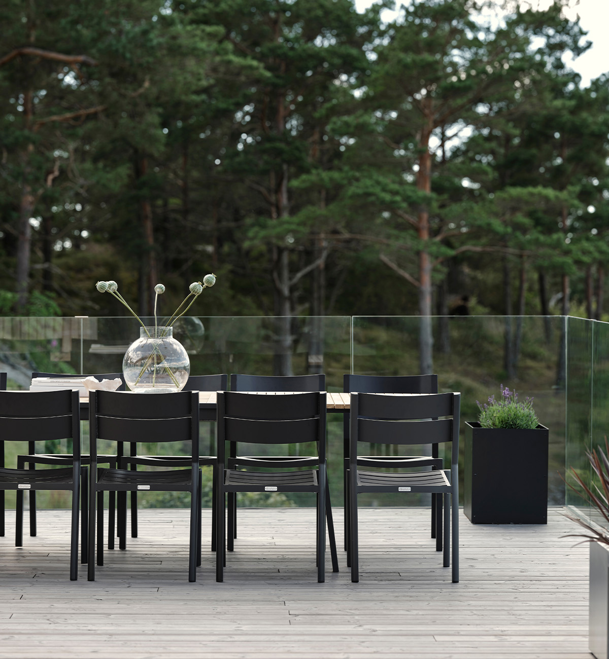 Matgrupp utomhus svart stol och skog