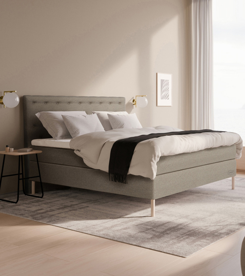 AMBASSADÖR LIMITED EDITION Kontinentalsäng 180x200 M/F inkl. bäddmadrass & ben. Tyg 387 Greige.