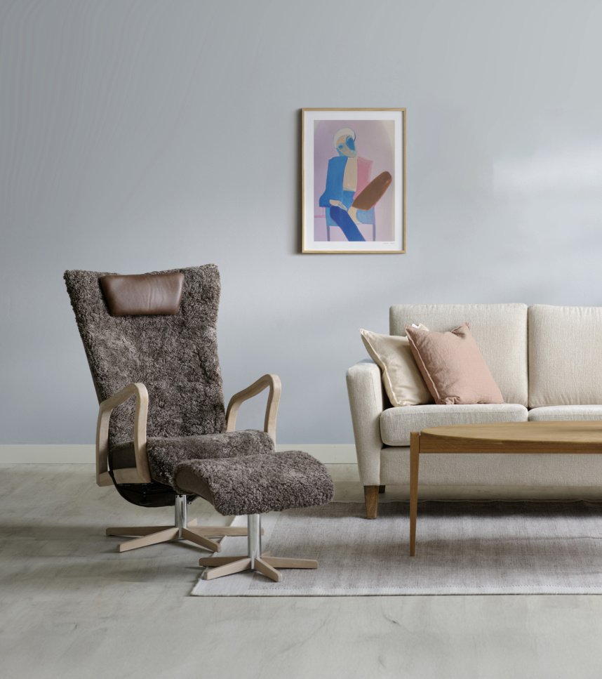 ARCUS Fåtölj inklusive pall Fårskinn Scandilock Drake Ek vitoljad