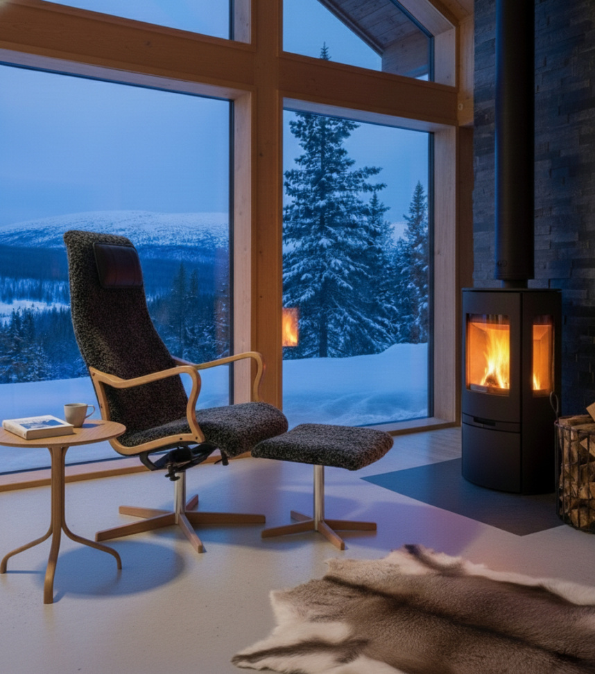 CHIC Fåtölj inklusive pall Fårskinn Skinwille Koks. Med gungfunktion.