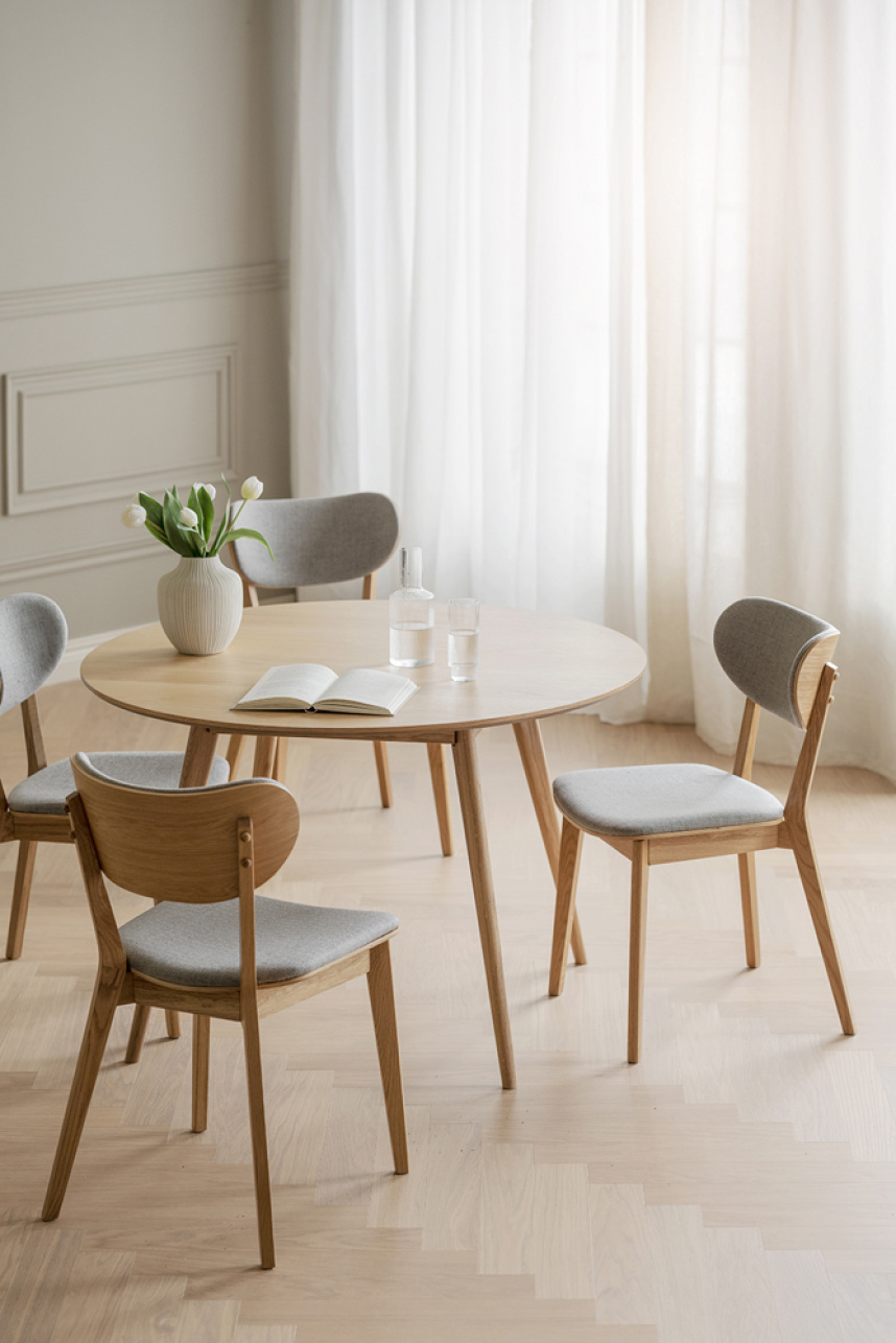 KATO Stol Massiv Ek Lackad. Tyg Ljusgrå.